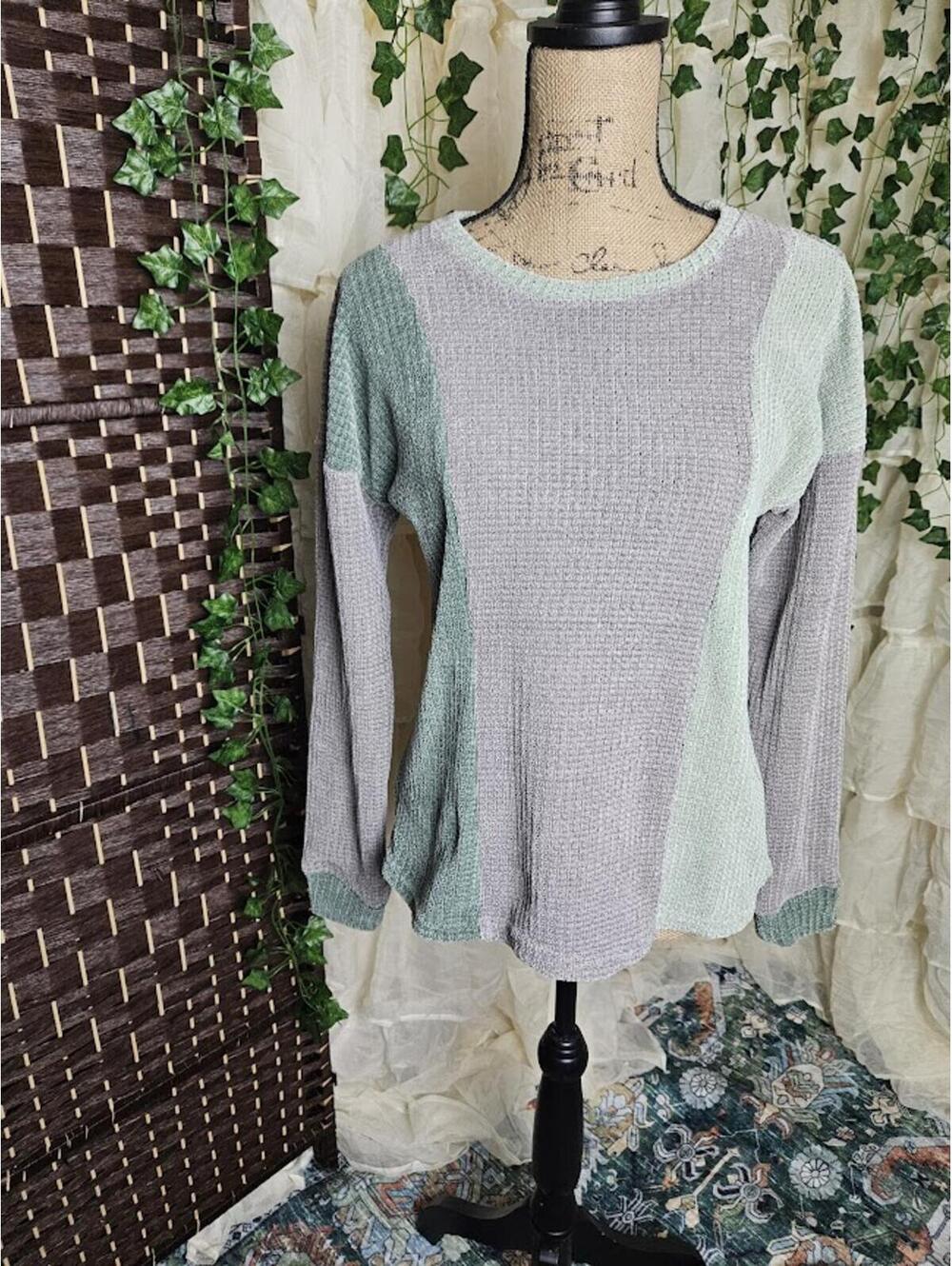 Amelie Waffle Knit Colorblock Top Purple & Sage Soft Cozy Long Sleeve Sweater